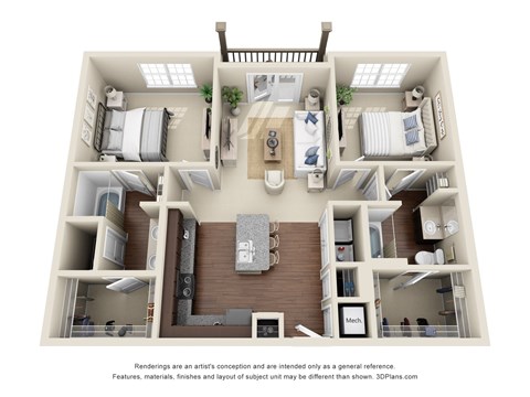 Floor plan for 2 beds, 2 baths, 1075 sqft